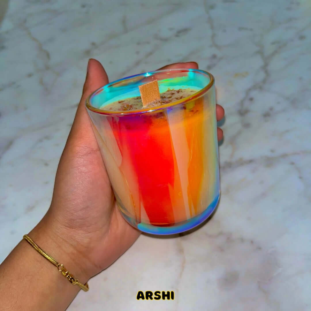 Natural soy candles: Holographic jar, adorned with rose petal decor